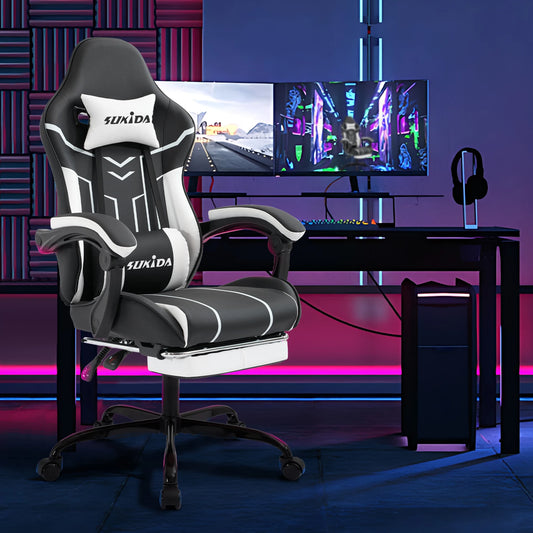 Comfortable black-white gaming flesh with footrest &amp; back support, ergonomic design for home office &amp; long sessions