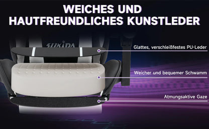 Comfortable black-white gaming flesh with footrest & back support, ergonomic design for home office & long sessions