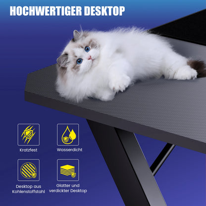 GTPLAYER Gaming table, Gaming desk 120x60cm, PC table Gamer table with Carbon Fiber Surface/LED/socket, Black