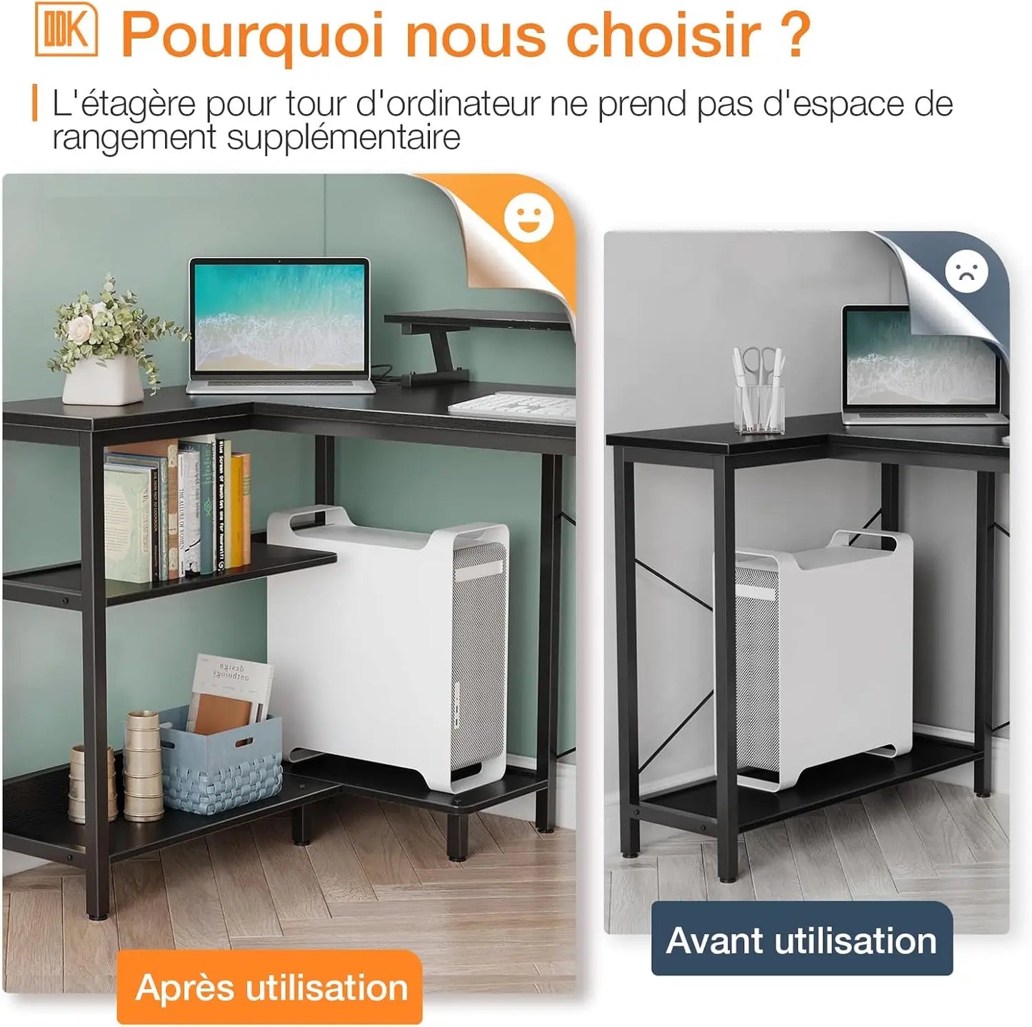 Comparative image of a desk organizer before and after use, showcasing efficient space-saving design.