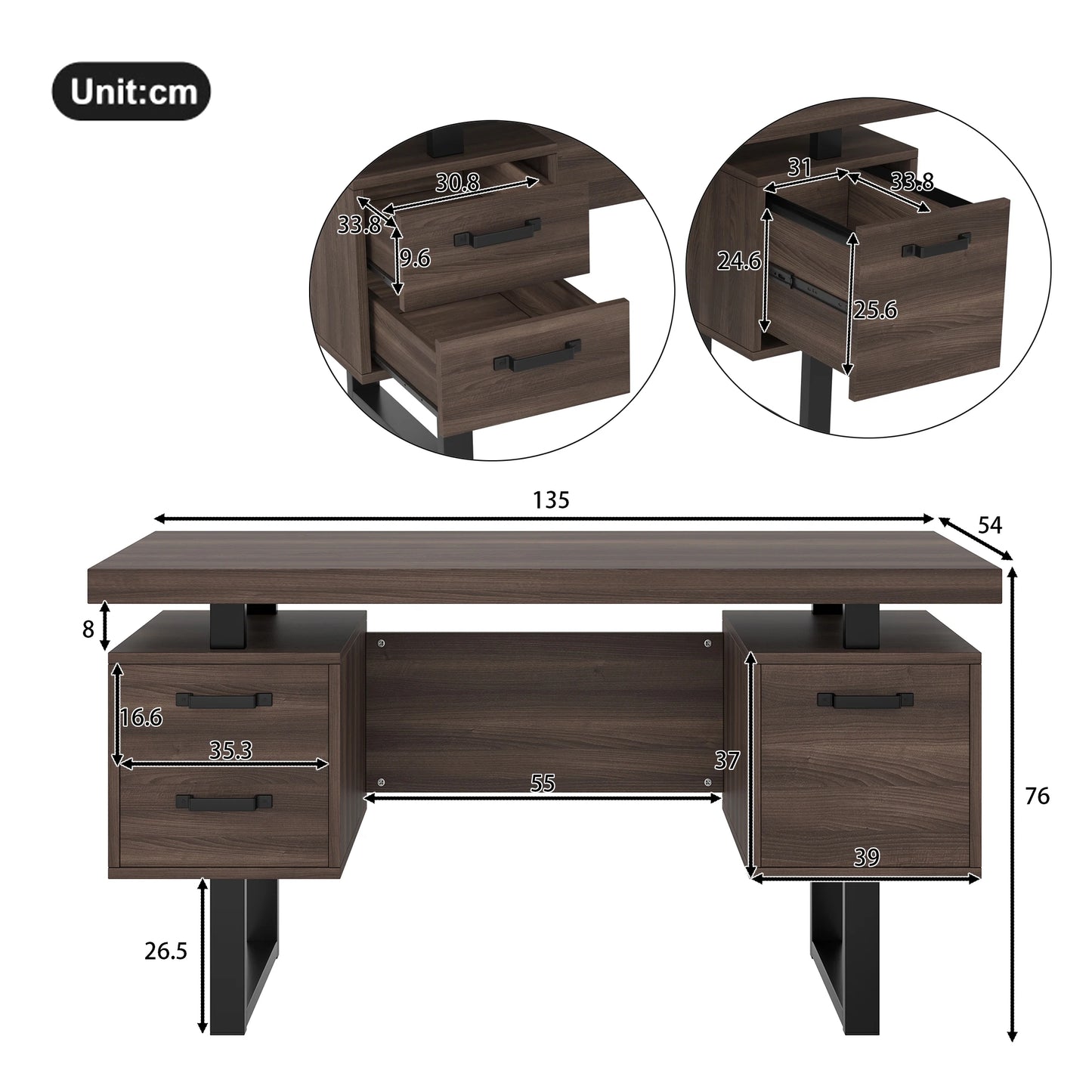 Modern Desk 135×54 cm with Silent Drawers – High-End MDF &amp; Steel 