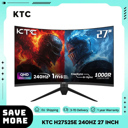 KTC H27S25E Gaming Monitor, 27 inch 2560*1440 QHD CSOT HVA Screen, 1000R Curvature, 240Hz Refresh Rate, 1ms MPRT Response Time