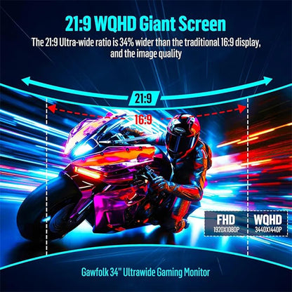 Gawfolk 34" Curved Gaming Monitor 21:9 UWQHD 165Hz - 3440x1440 1500R - VA HDR400