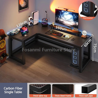 L-shaped gaming desk with shelves, monitor, and gaming setup, perfect for home office and gaming performance.