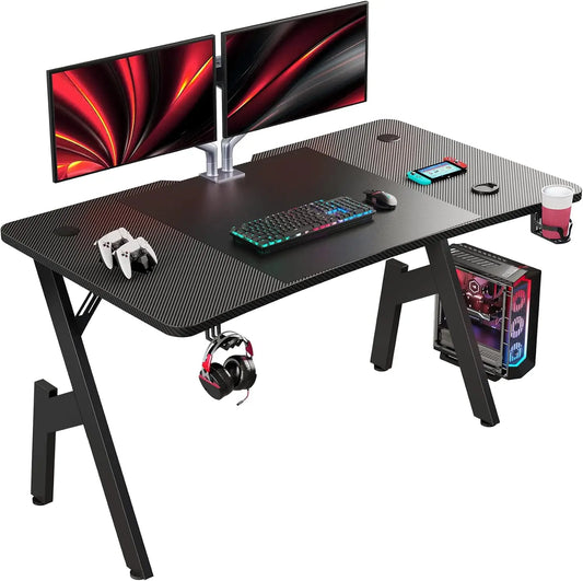 HLFURNIEU 120 x 60 cm Bureau Gaming, Bureau Gamer Informatique Ergonomique, Table Gaming en Fibre de Carbone, Gamer Desk avec Po
