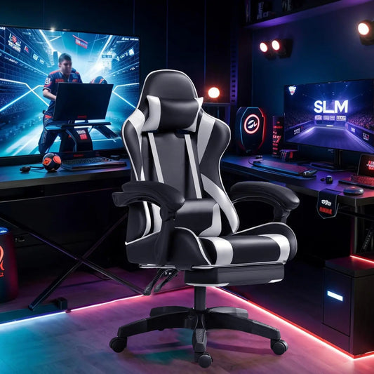 Frixovel Gaming Chair, Adjustable Office Chair, Gaming Chair with Telescopic Footrest (Black and White)