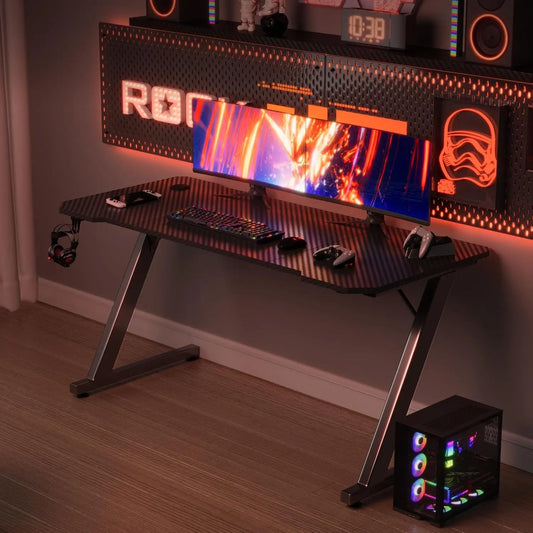 TRIUMPHKEY Gaming Desk, 120x60CM Gaming Table, Sturdy Ergonomic Computer Desk, Carbon Fiber Surface, Hook