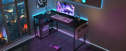 BEXEVUE Bureau Gaming d'angle, 100x70 cm Petit Table Forme L Bureau Etagères Rangements, Angle Réversible Gaming Bureau Informat