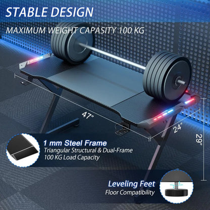 47 Inch Gaming Desk with LED Lights, Ergonomic Computer Gaming Table with Carbon Fibre Surface, Sturdy PC Workstation Desk for