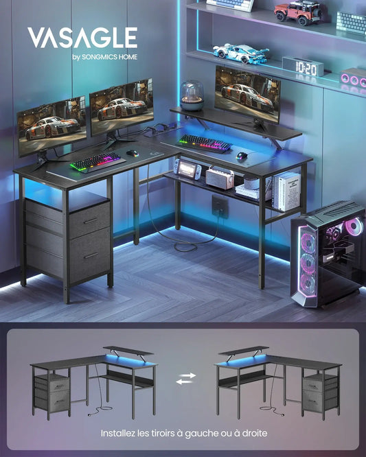 bureau gaming en L avec prises USB, setup gamer avec éclairage LED et espace de rangement