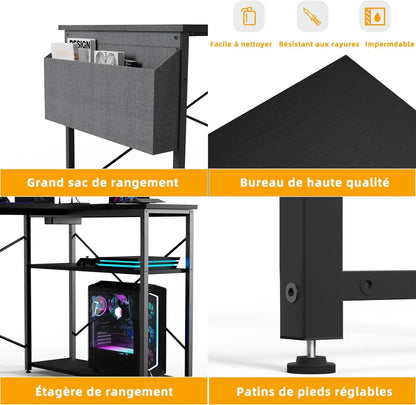 BEXEVUE Bureau Gaming d'angle, 100x70 cm Petit Table Forme L Bureau Etagères Rangements, Angle Réversible Gaming Bureau Informat