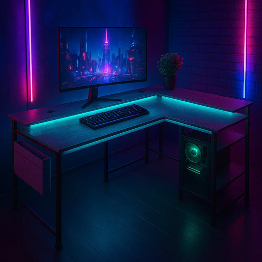 L Shape Gaming table with RGB Lighting and Monitor Stand, L-shaped Computer table with sockets and USB, 140*140*85