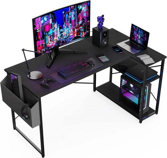 BEXEVUE Corner Gaming Desk, 100x70 cm Small L-Shaped Table Desk Storage Shelves, Reversible Corner Gaming Computer Desk