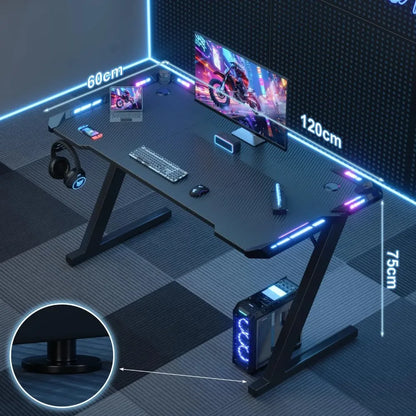 Devoko LED Gaming Desk 120×60cm, Gamer Desk with RGB Light, Cup Holder and Headphone Hook, Ergon Computer Table