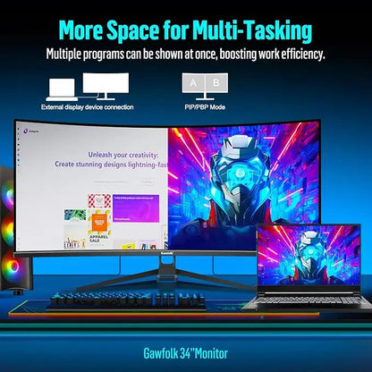 Gawfolk 34" Curved Gaming Monitor 21:9 UWQHD 165Hz - 3440x1440 1500R - VA HDR400