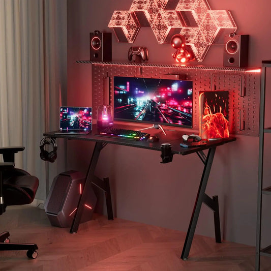 HLFURNIEU 120 x 60 cm Gaming Desk, Ergonomic Computer Gamer Desk, Carbon Fiber Gaming Table, Gamer Desk with Po