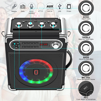 Bluetooth Karaoke Machine, Home Karaoke System, Wireless Speaker with FM Radio, 2 Karaoke Microphone, Remote Control