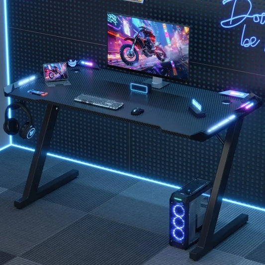 Devoko LED Gaming Desk 120×60cm, Gamer Desk with RGB Light, Cup Holder and Headphone Hook, Ergon Computer Table