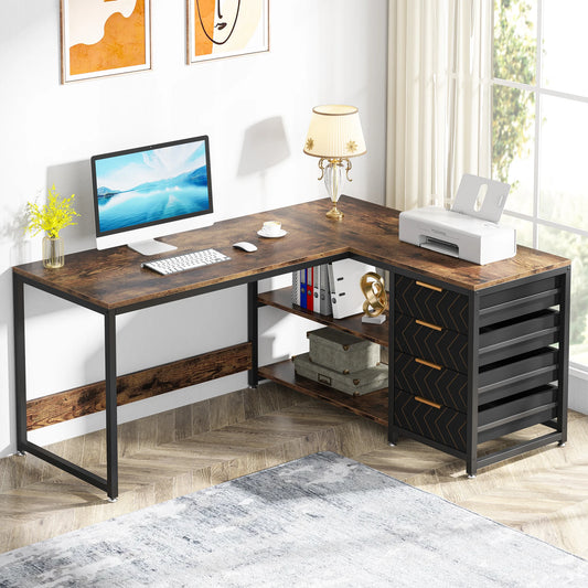 Tribesigns L-Shaped Gaming Desk with Drawers and Shelves – Large 150cm Reversible Corner Desk for Home Office, Computer and Gaming