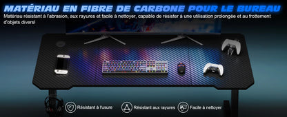 TRIUMPHKEY Bureau Gaming, 120x60CM Table de Jeu, Bureau Robuste pour Ordinateur Ergonomique,Surface en Fibre de Carbone,Crochet