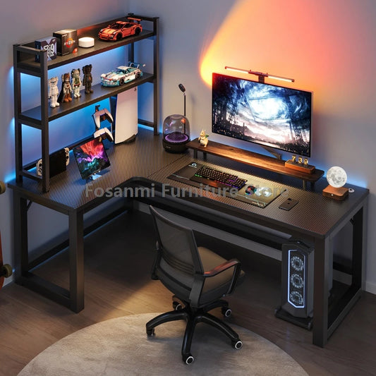 L-shaped gaming desk with shelves, monitor, and gaming setup, perfect for home office and gaming performance.
