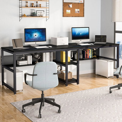 Tribesigns Two Person Desk with Bookshelf, 78.7 Computer Office Double Desk for Two Person, Rustic Writing Desk Workstation